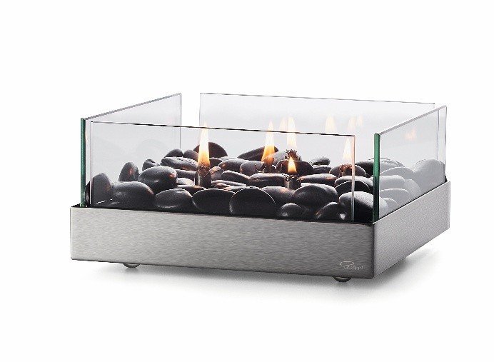 Square Fireplace Oil Lamp – Stainless Steel & Glass with River stones